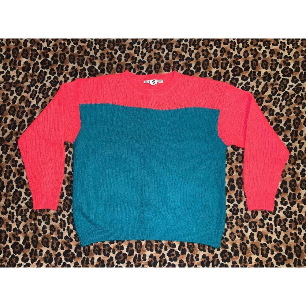 VINTAGE 1980s STEPHEN SPROUSE COLOR BLOCK RED BLUE MOHAIR SWEATER ~ LARGE - Picture 7 of 9